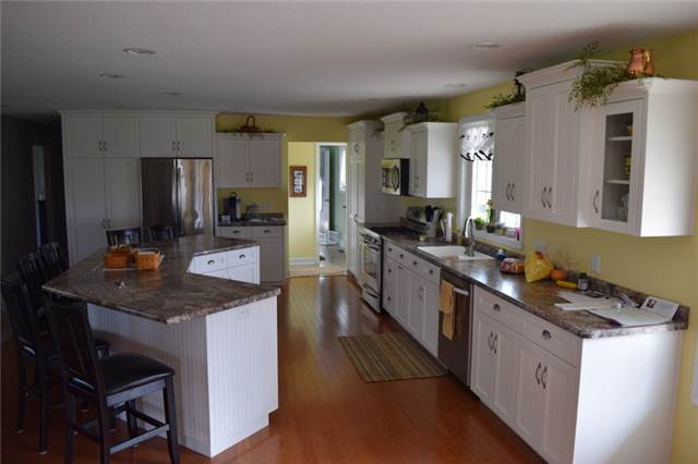 Painted cabinets with flat panel beadboard doors - full overlay style - laminate countertops